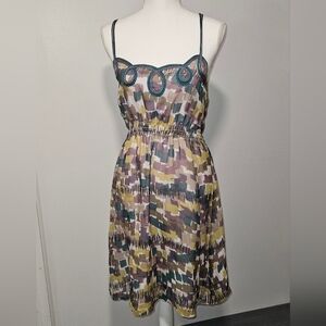 Wendy Katlen Anthropologie Boho Multicolor Pattern Silk Midi Women Dress Size 8